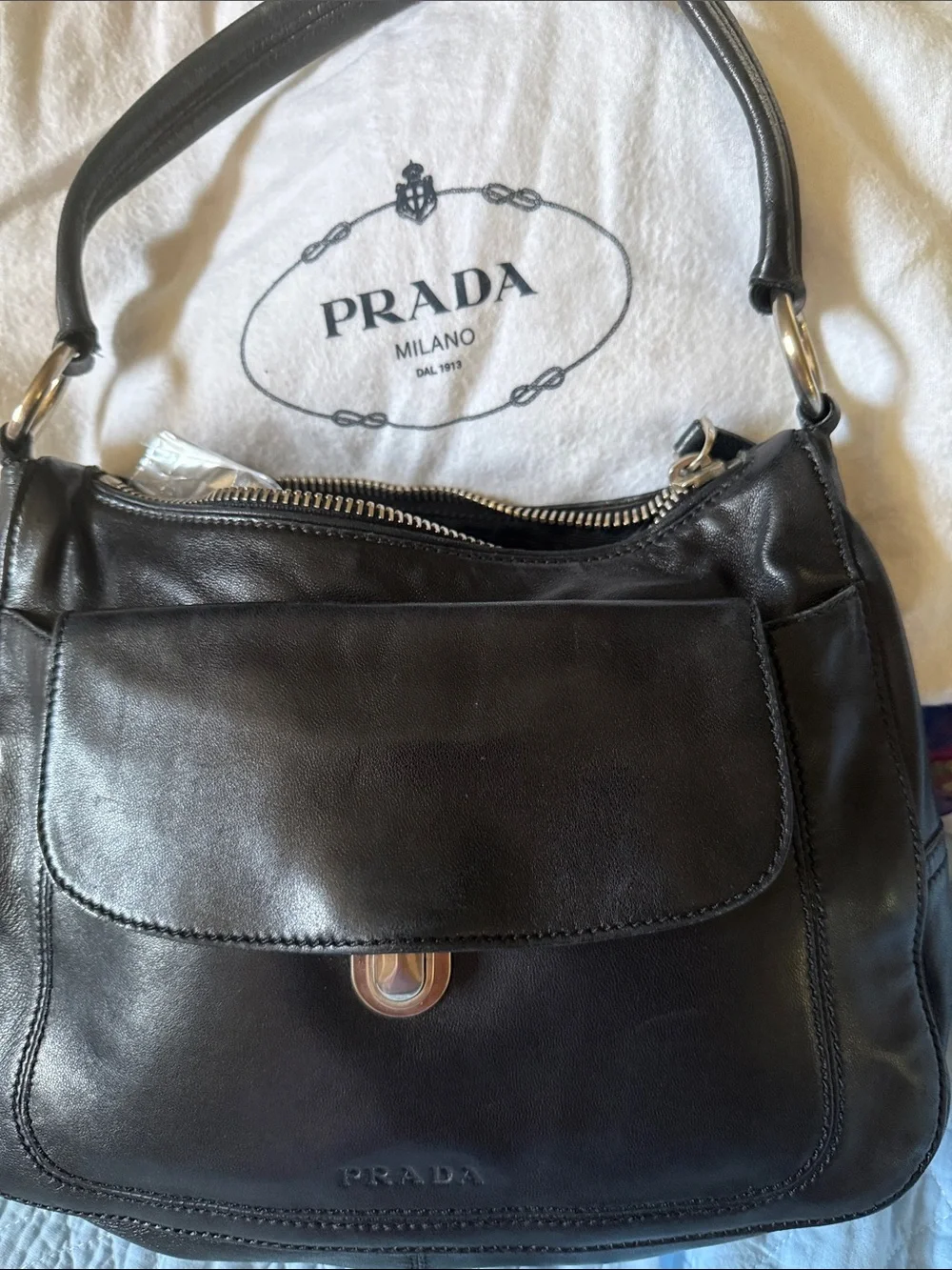 Vintage Prada Black Leather Hobo Shoulder Bag with Front Flap Back Zipper
